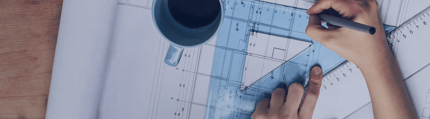 man drawing an architectural drawing and drinking coffee banner